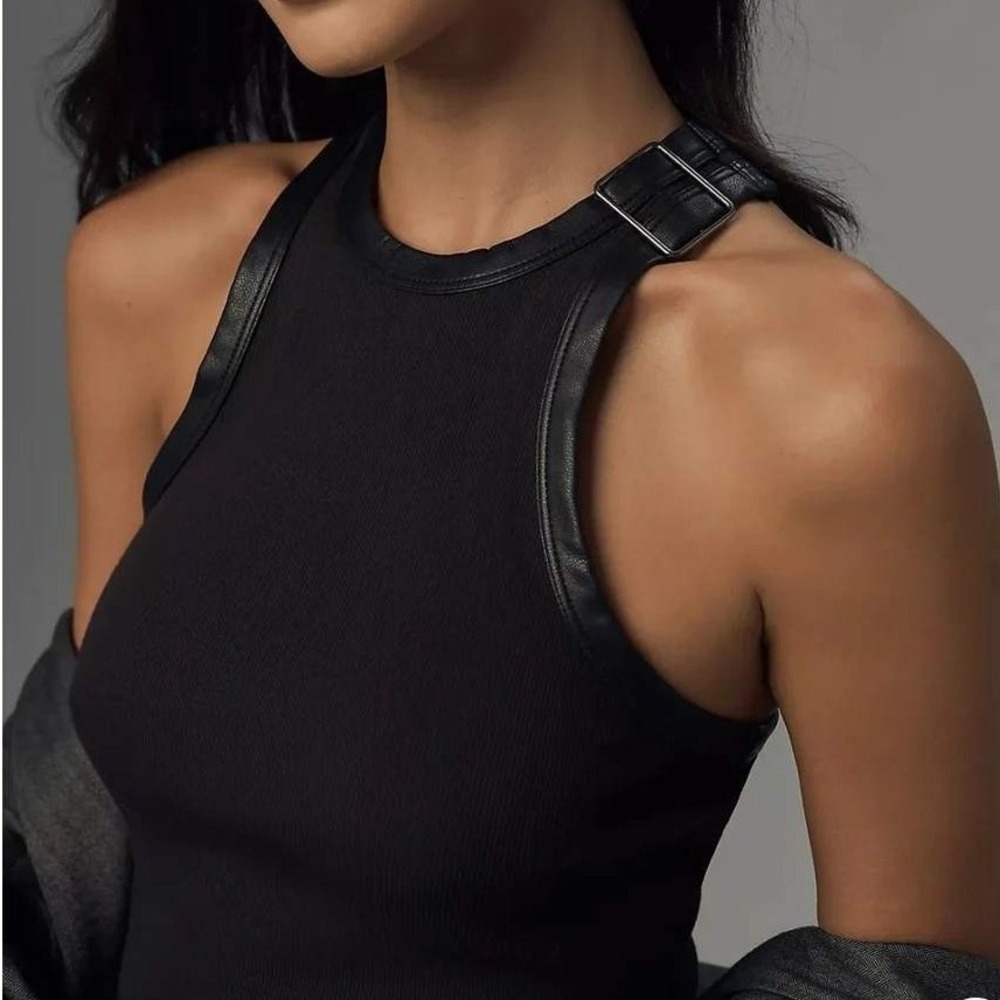 Pilcro Anthropologie Ribbed Tank Small Faux Leather Buckle Trim NWT